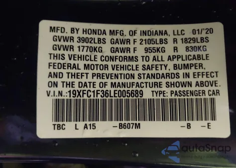 2020 Honda Civic Ex z USA, uszkodzony, nr VIN 19XFC1F36LE005689